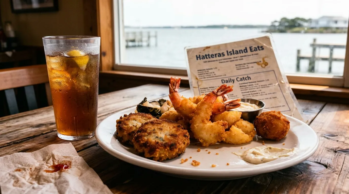 Fresh seafood platter with steamed shrimp crab legs and hush puppies at a waterfront restaurant in Avon NC on the Outer Banks