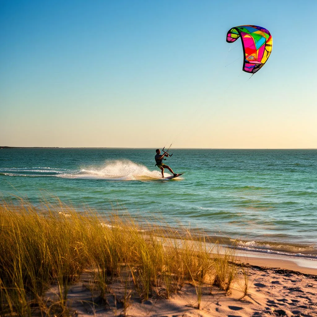 Kiteboarder gliding across the shallow turquoise Pamlico Sound in Avon NC, Hatteras Island Outer Banks, with a colorful kite high in a clear blue sky
