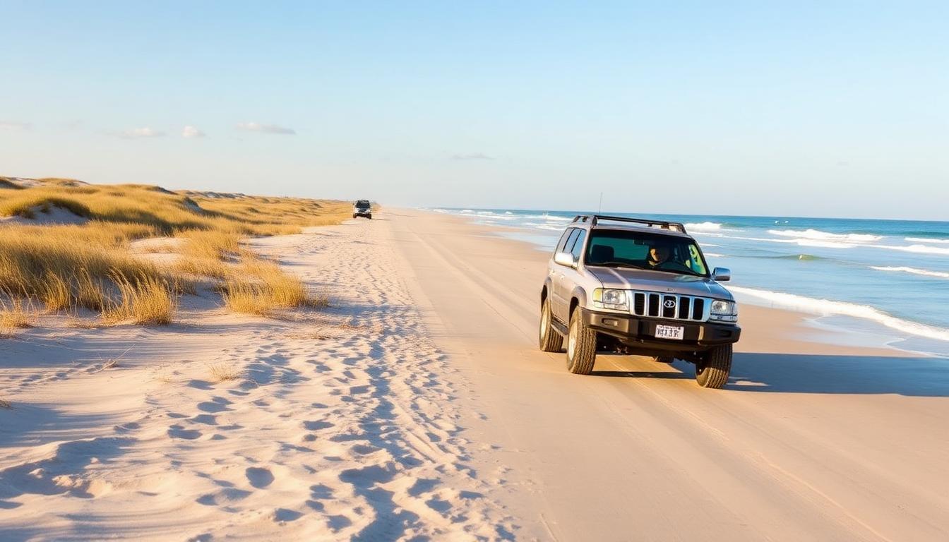 A 4x4 SUV driving on the wide sandy beach at Cape Hatteras National Seashore with ocean waves and sea oats dunes