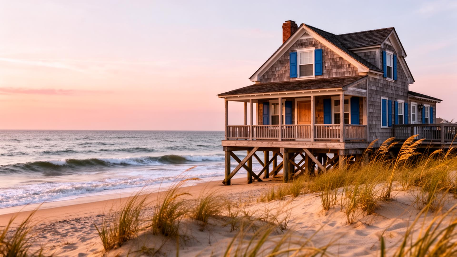 The iconic Inn at Rodanthe beach house from the movie Nights in Rodanthe, perched on stilts at the edge of the Atlantic Ocean on Hatteras Island, North Carolina