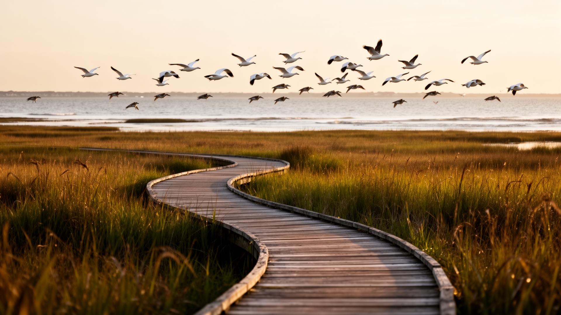 Wooden boardwalk trail through coastal salt marsh wetlands at Pea Island National Wildlife Refuge on Hatteras Island NC